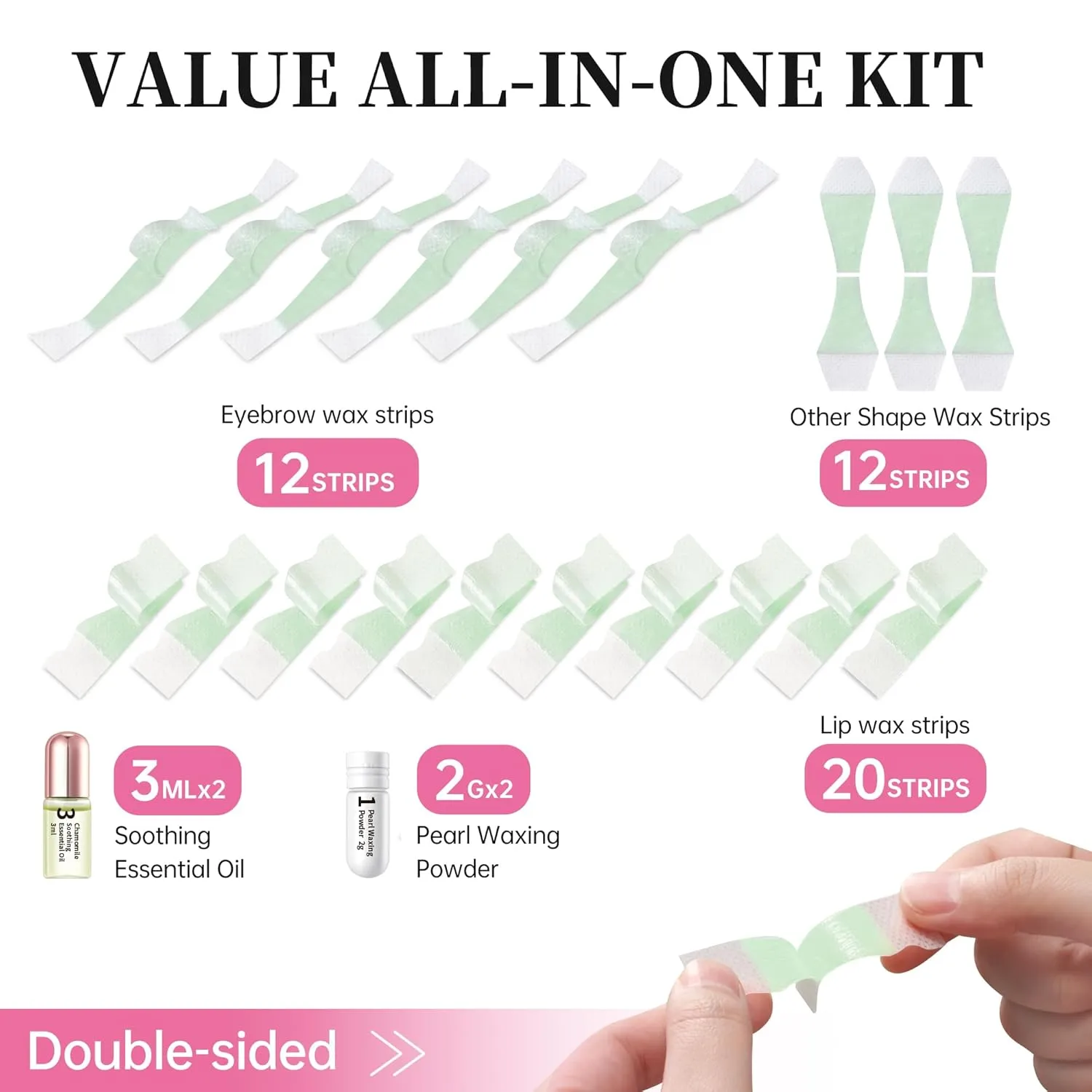 Beauty7 Wax Strips Kit, 2 SETS IN ONE PACKAGE. Eyebrow & Lip Facial Hair Removal with Pearl Powder Essential Oil for All Skin Types Women