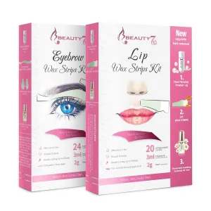 Beauty7 Wax Strips Kit, 2 SETS IN ONE PACKAGE. Eyebrow & Lip Facial Hair Removal with Pearl Powder Essential Oil for All Skin Types Women