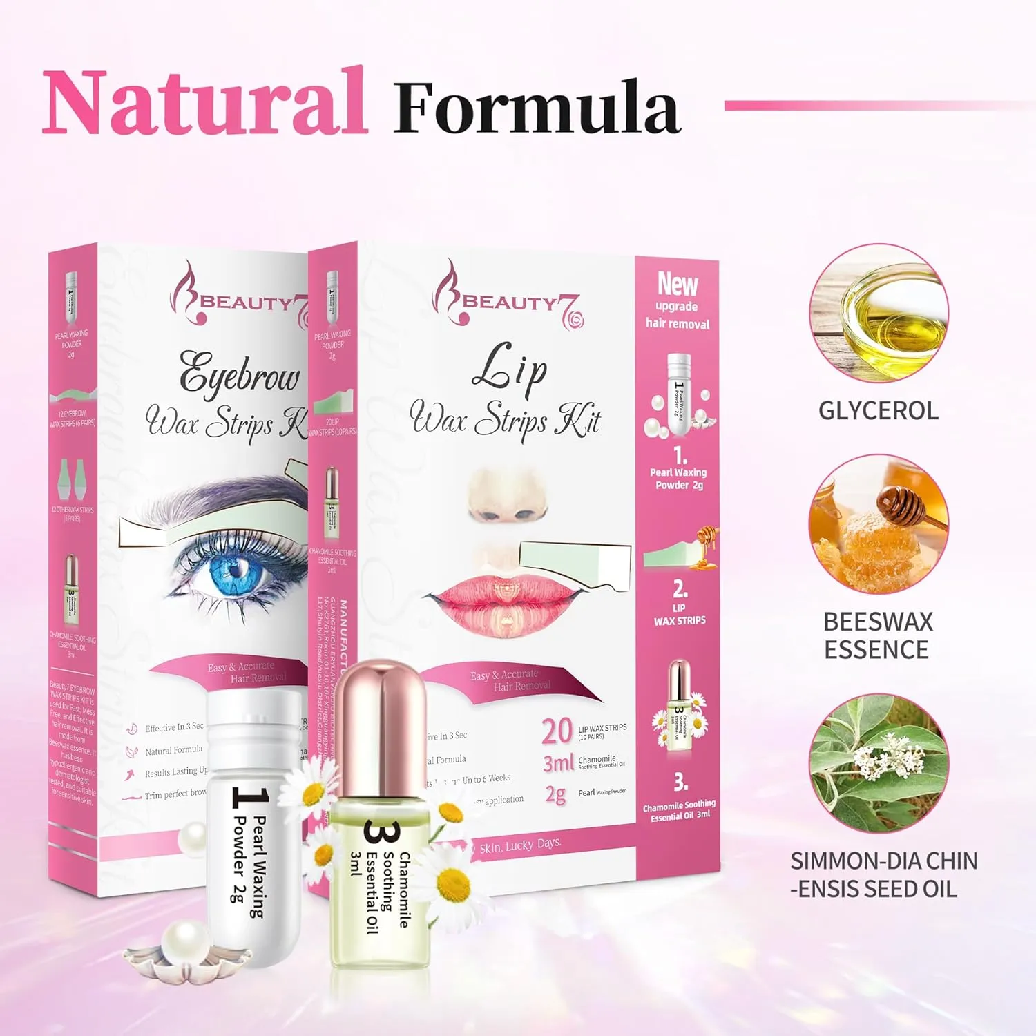 Beauty7 Wax Strips Kit, 2 SETS IN ONE PACKAGE. Eyebrow & Lip Facial Hair Removal with Pearl Powder Essential Oil for All Skin Types Women