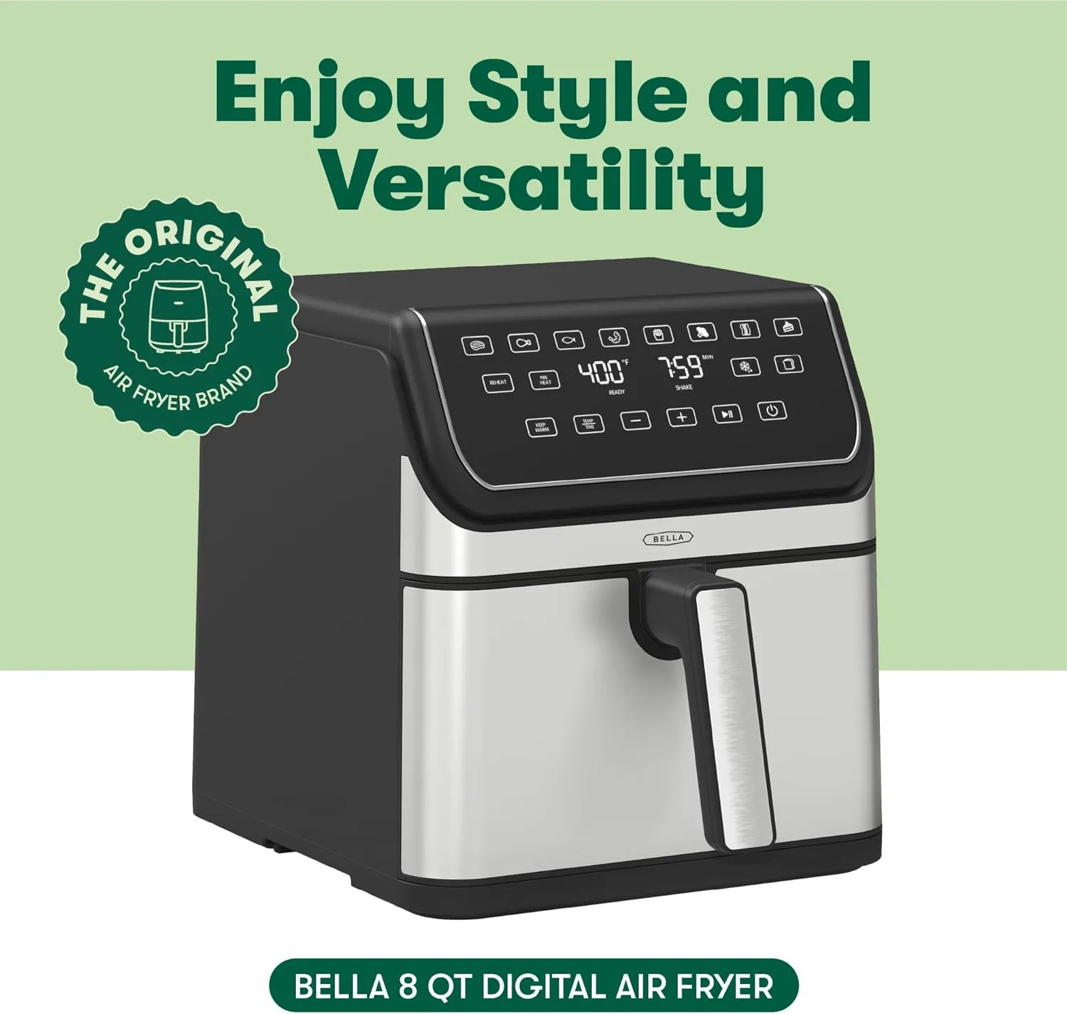 bella 8 Qt Digital Air Fryer with TurboCrisp Technology, Large Family Size Nonstick Cooking Basket and Crisping Tray, Multiple Preset Functions, Auto Shutoff, Stainless Steel, 1750 Watt