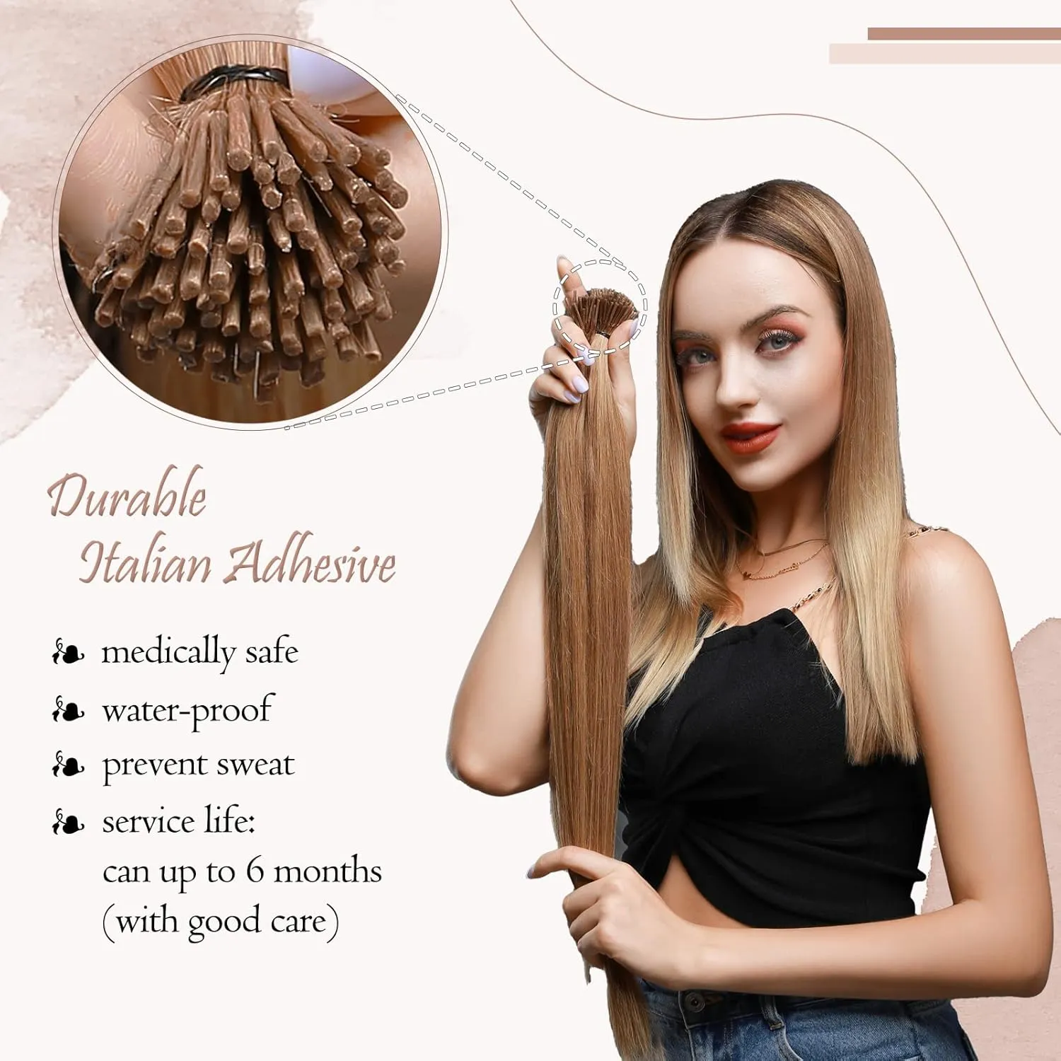 Benehair I Tip Hair Extensions Human Hair Highlights Straight Remy Stick Tip Hair Extensions 20 Inch 1g/s 50g/pack Pre Bonded I Tip Human Hair Extensions(#12P613 Golden Brown&Bleach Blonde, 20")