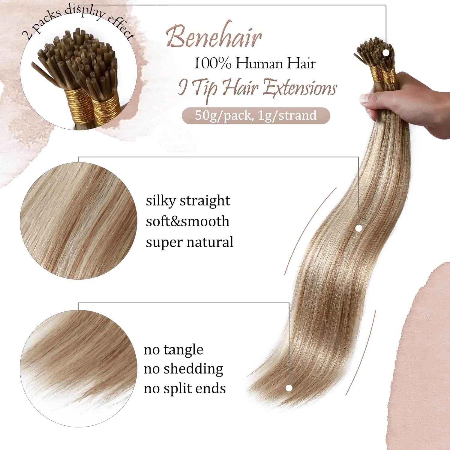 Benehair I Tip Hair Extensions Human Hair Highlights Straight Remy Stick Tip Hair Extensions 20 Inch 1g/s 50g/pack Pre Bonded I Tip Human Hair Extensions(#12P613 Golden Brown&Bleach Blonde, 20")
