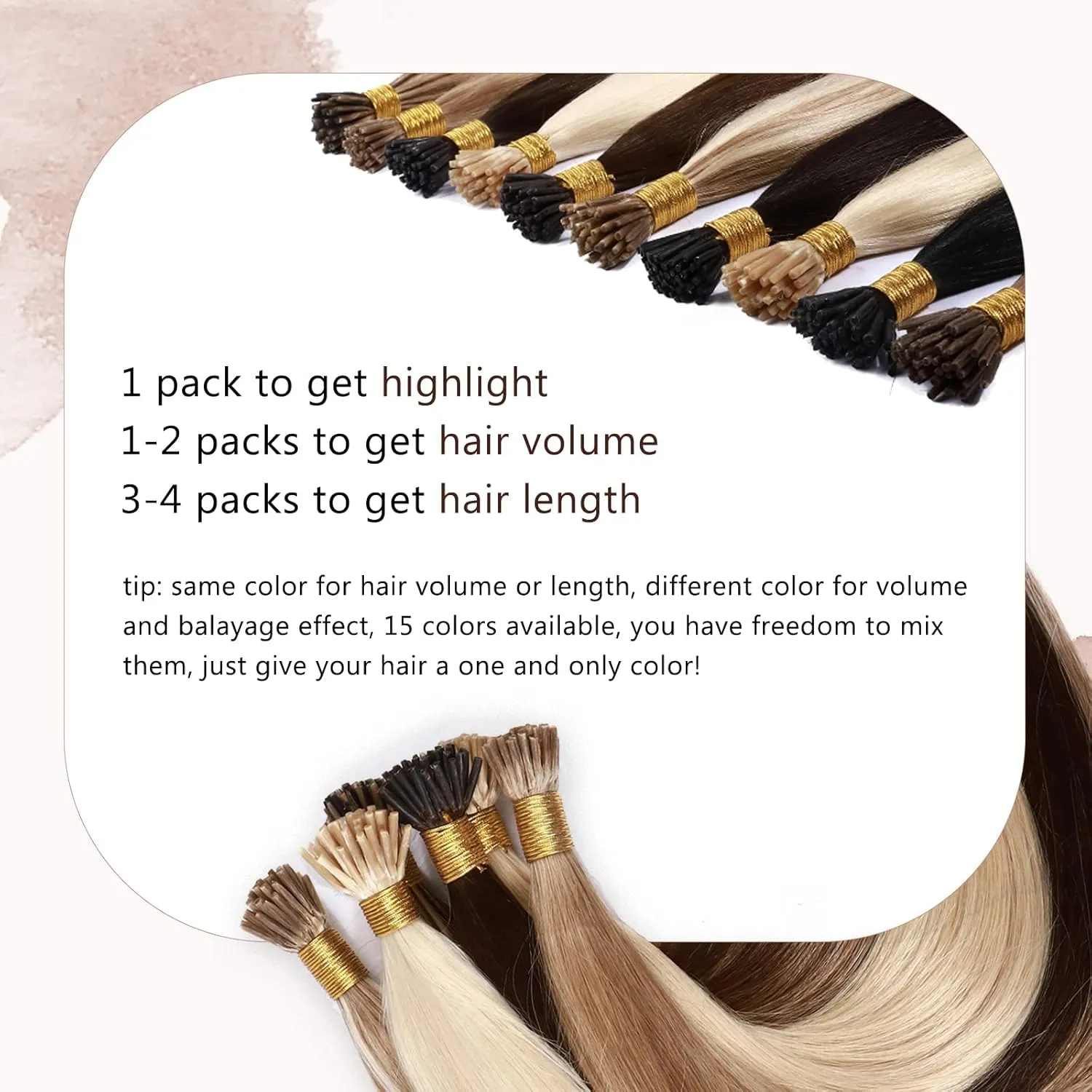 Benehair I Tip Hair Extensions Human Hair Highlights Straight Remy Stick Tip Hair Extensions 20 Inch 1g/s 50g/pack Pre Bonded I Tip Human Hair Extensions(#12P613 Golden Brown&Bleach Blonde, 20")