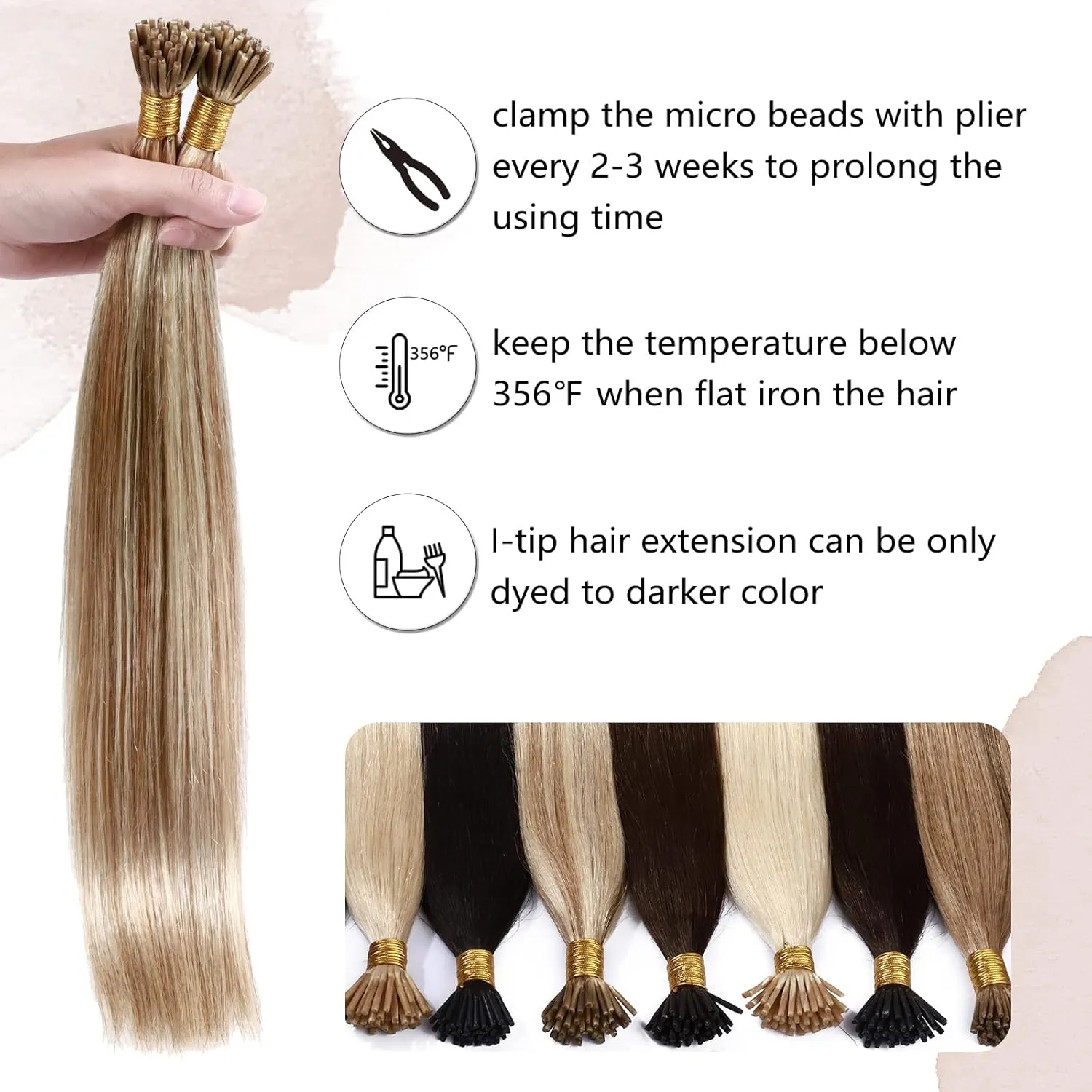 Benehair I Tip Hair Extensions Human Hair Highlights Straight Remy Stick Tip Hair Extensions 20 Inch 1g/s 50g/pack Pre Bonded I Tip Human Hair Extensions(#12P613 Golden Brown&Bleach Blonde, 20")