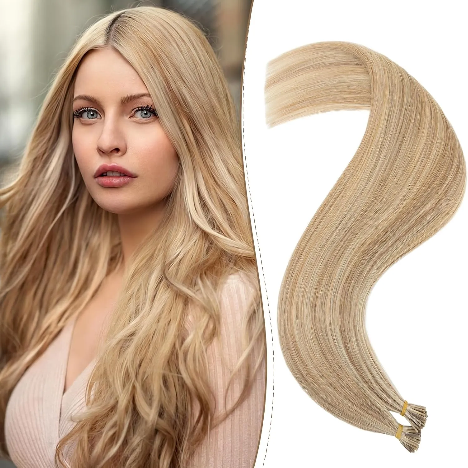 Benehair I Tip Hair Extensions Human Hair Highlights Straight Remy Stick Tip Hair Extensions 20 Inch 1g/s 50g/pack Pre Bonded I Tip Human Hair Extensions(#12P613 Golden Brown&Bleach Blonde, 20")