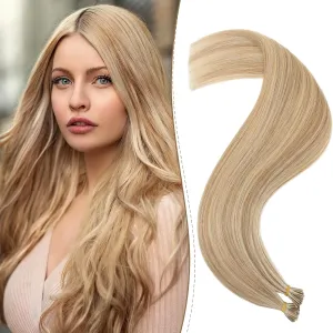 Benehair I Tip Hair Extensions Human Hair Highlights Straight Remy Stick Tip Hair Extensions 20 Inch 1g/s 50g/pack Pre Bonded I Tip Human Hair Extensions(#12P613 Golden Brown&Bleach Blonde, 20")