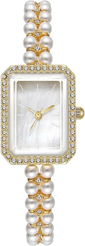 BESTKANG Elegant Pearl Watches for Women Small Square Dial Analog Quartz Watch Pearl Strap Diamonds Bracelet Dress Women's Watch