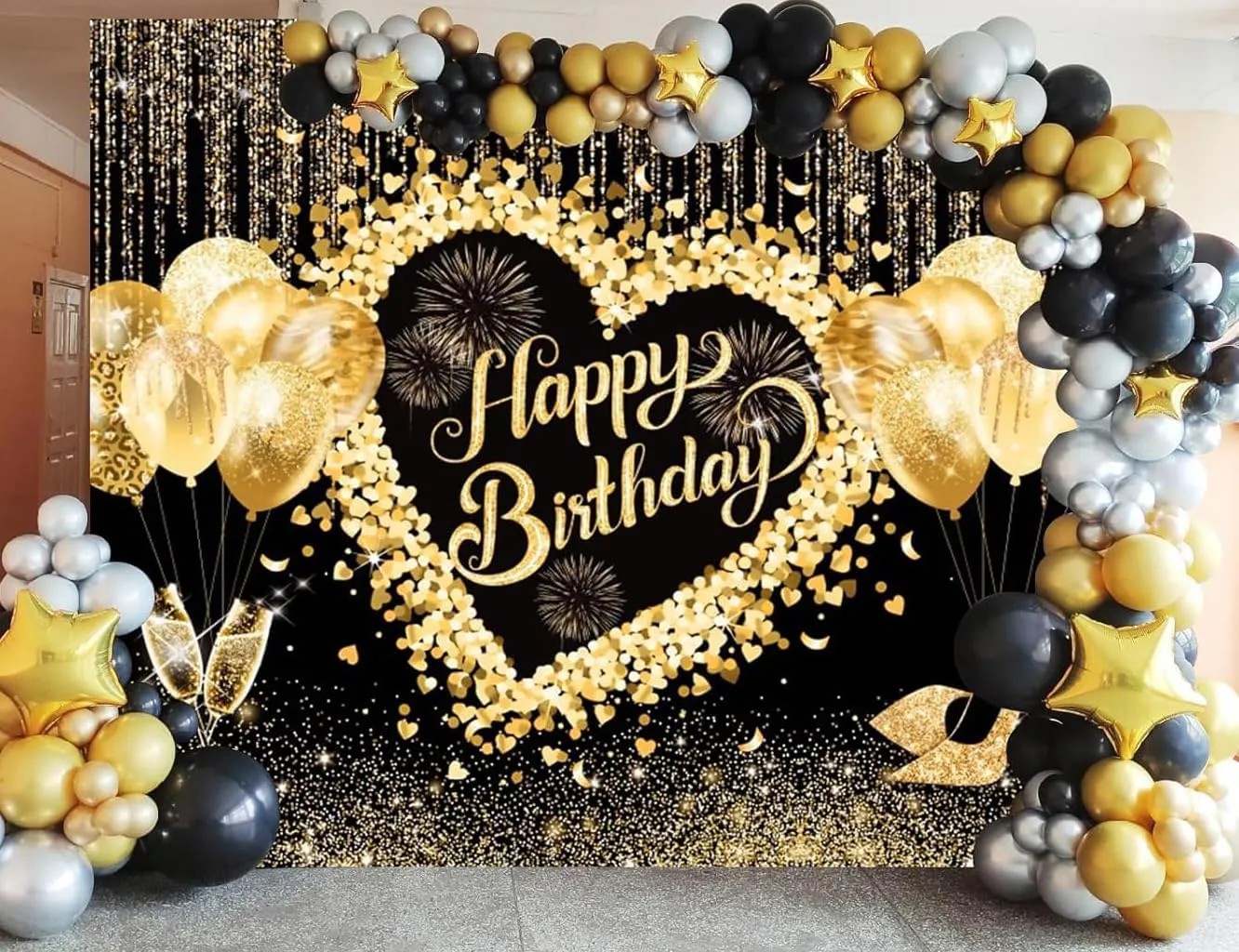Black and Golden Birthday Backdrop for Women 10x8ft Balloons High Heel Sweet Love Heart Happy Birthday Photography Background for Women Birthday Backdrop for Party Decorations Studio Photo Booth Props