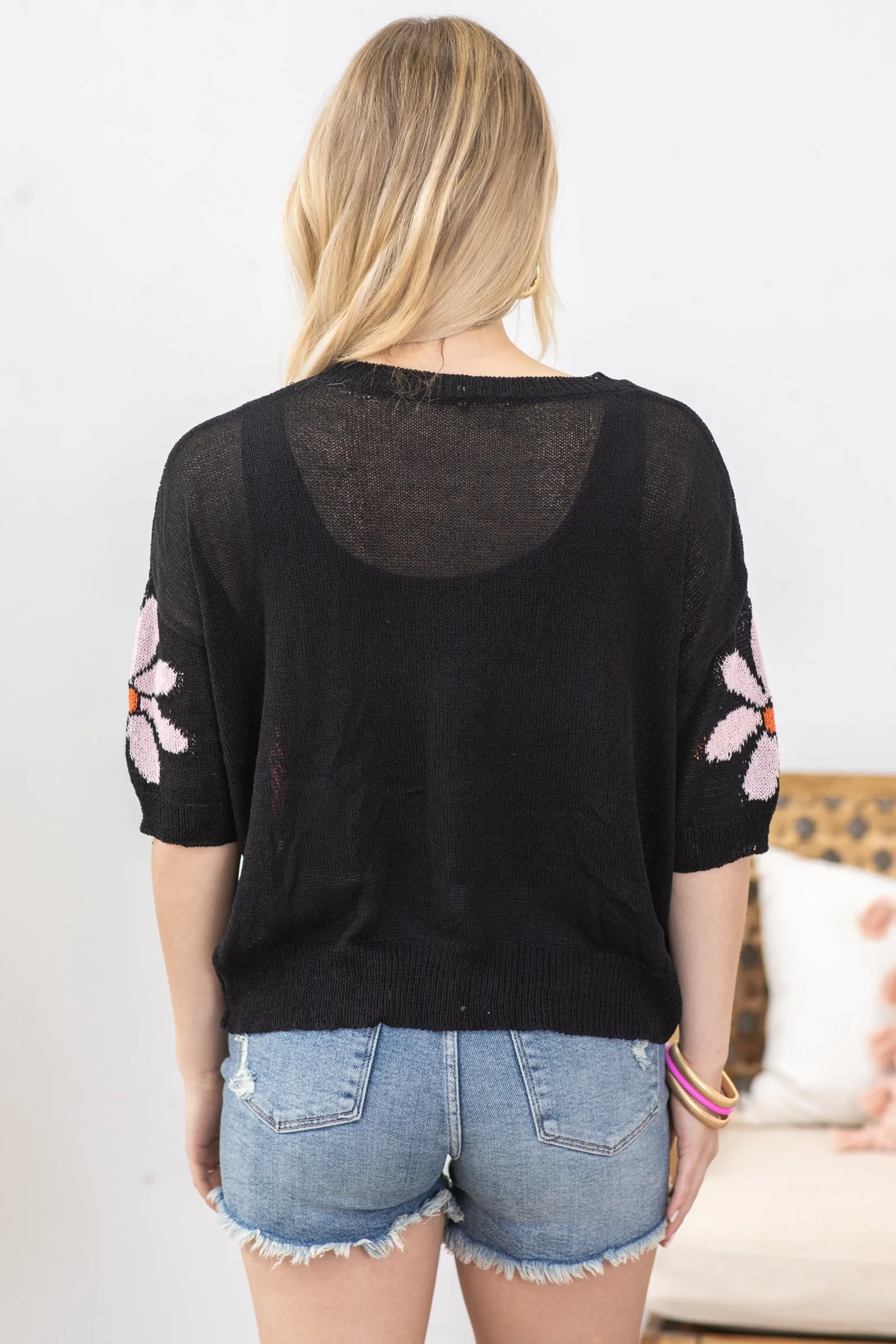 Black With Pink Flowers Short Sleeve Knit Top