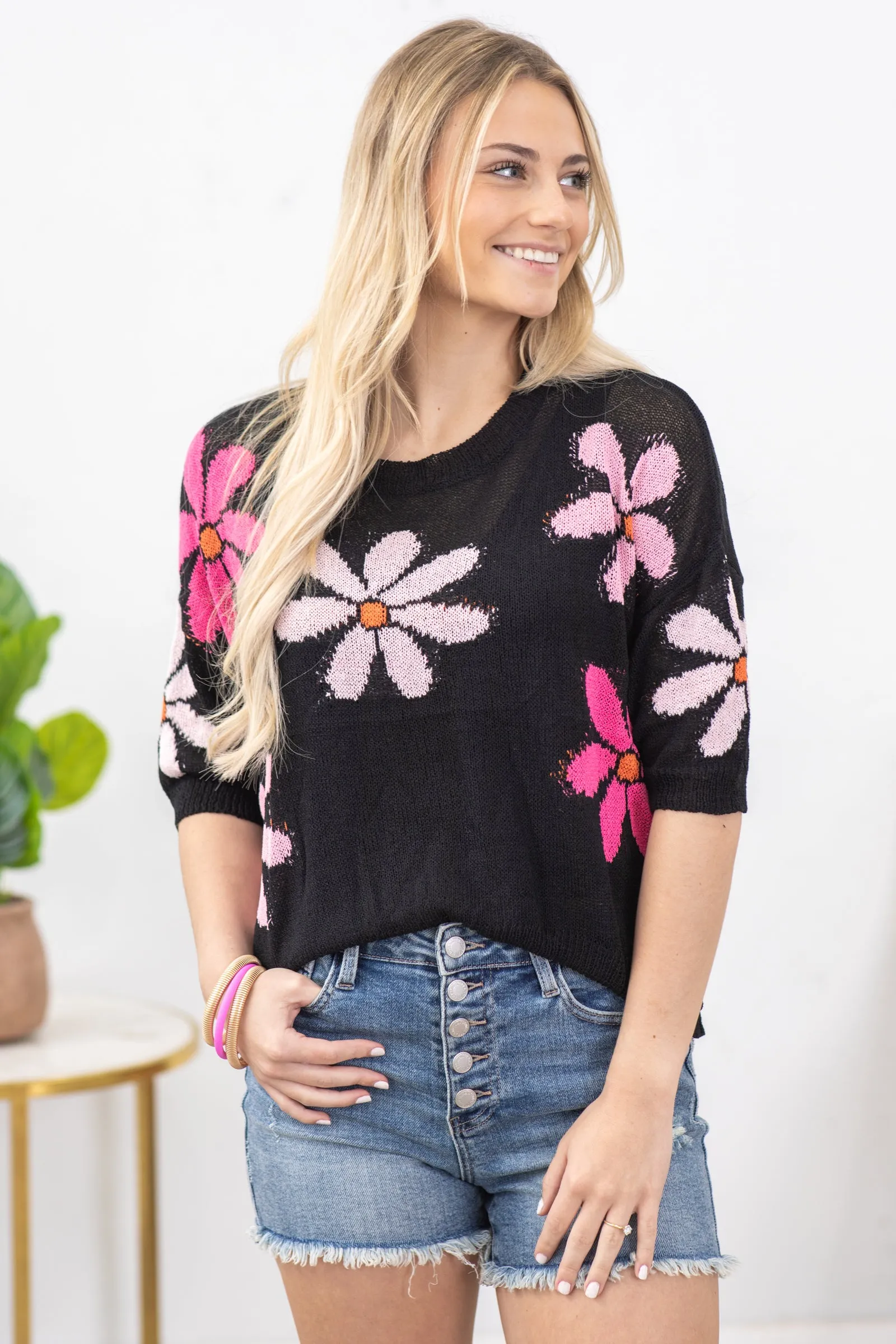 Black With Pink Flowers Short Sleeve Knit Top