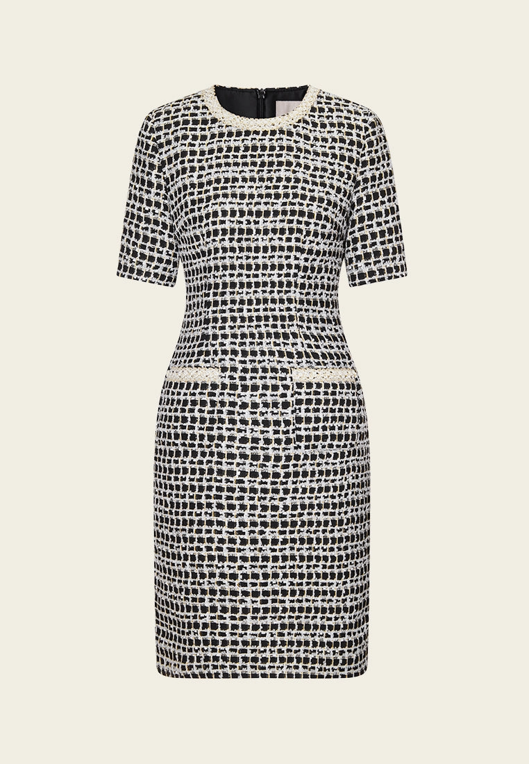 Black-and-white Checked Lace-detail Patch-pocket Dress