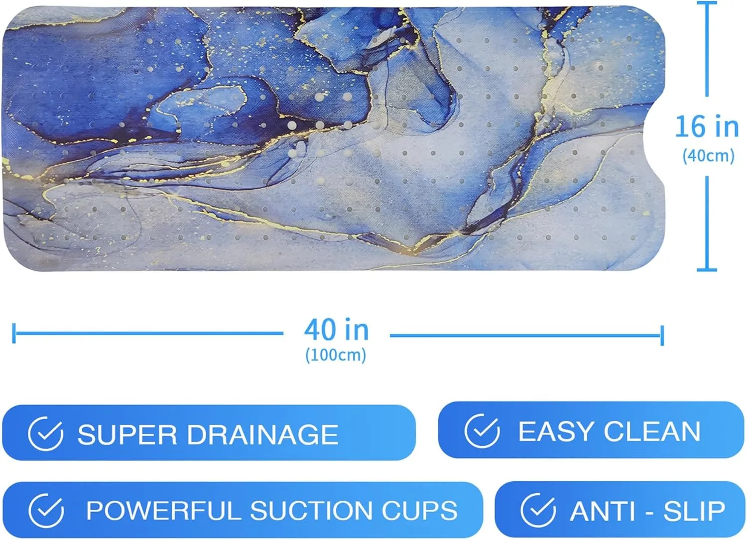 Blue Bathtub Mat Non Slip Marble Gold Line Extra Long Bath Mat for Tub Abstract Art Anti Slip Shower Mat for Bathroom with Large Drain Holes and Suction Cups Quality Bath Mats and Bathtub Decor 40x16