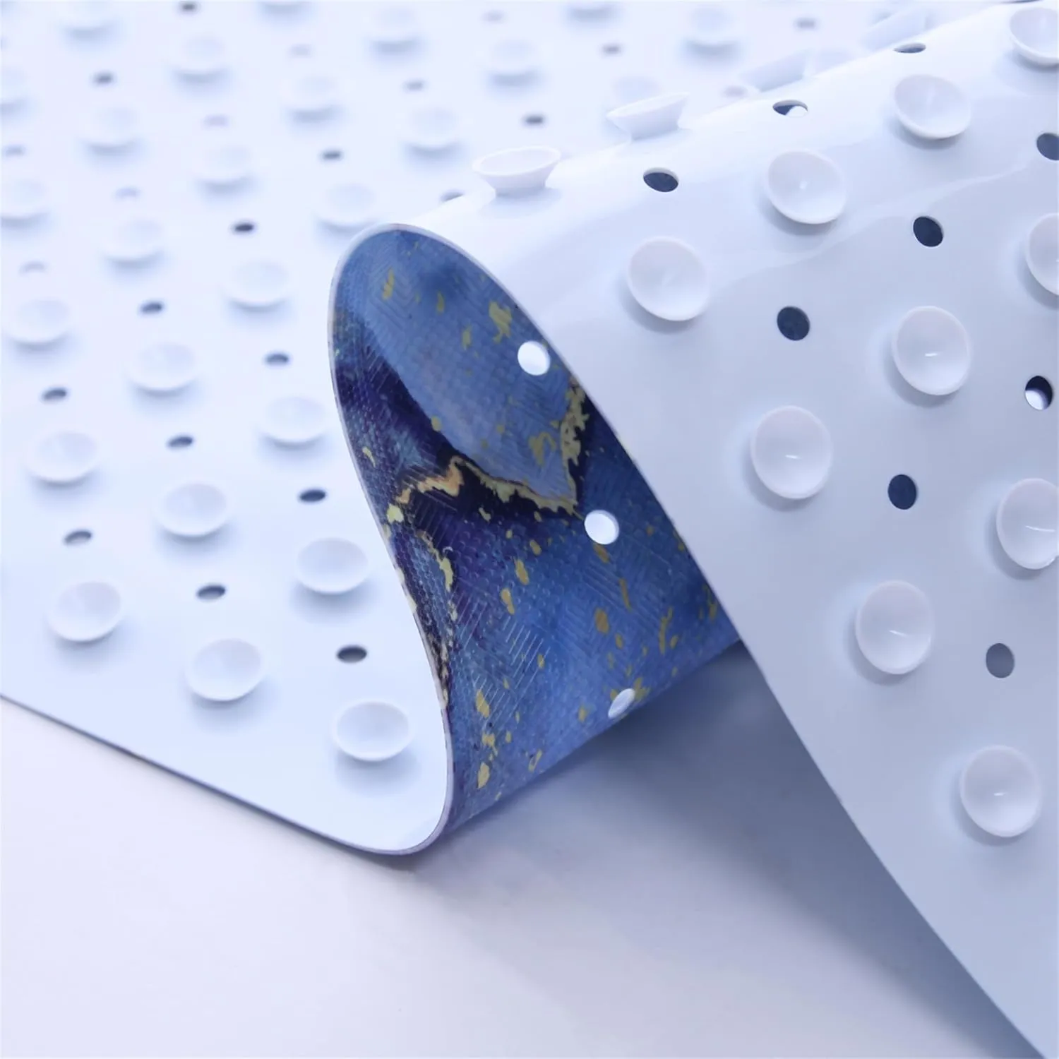 Blue Bathtub Mat Non Slip Marble Gold Line Extra Long Bath Mat for Tub Abstract Art Anti Slip Shower Mat for Bathroom with Large Drain Holes and Suction Cups Quality Bath Mats and Bathtub Decor 40x16