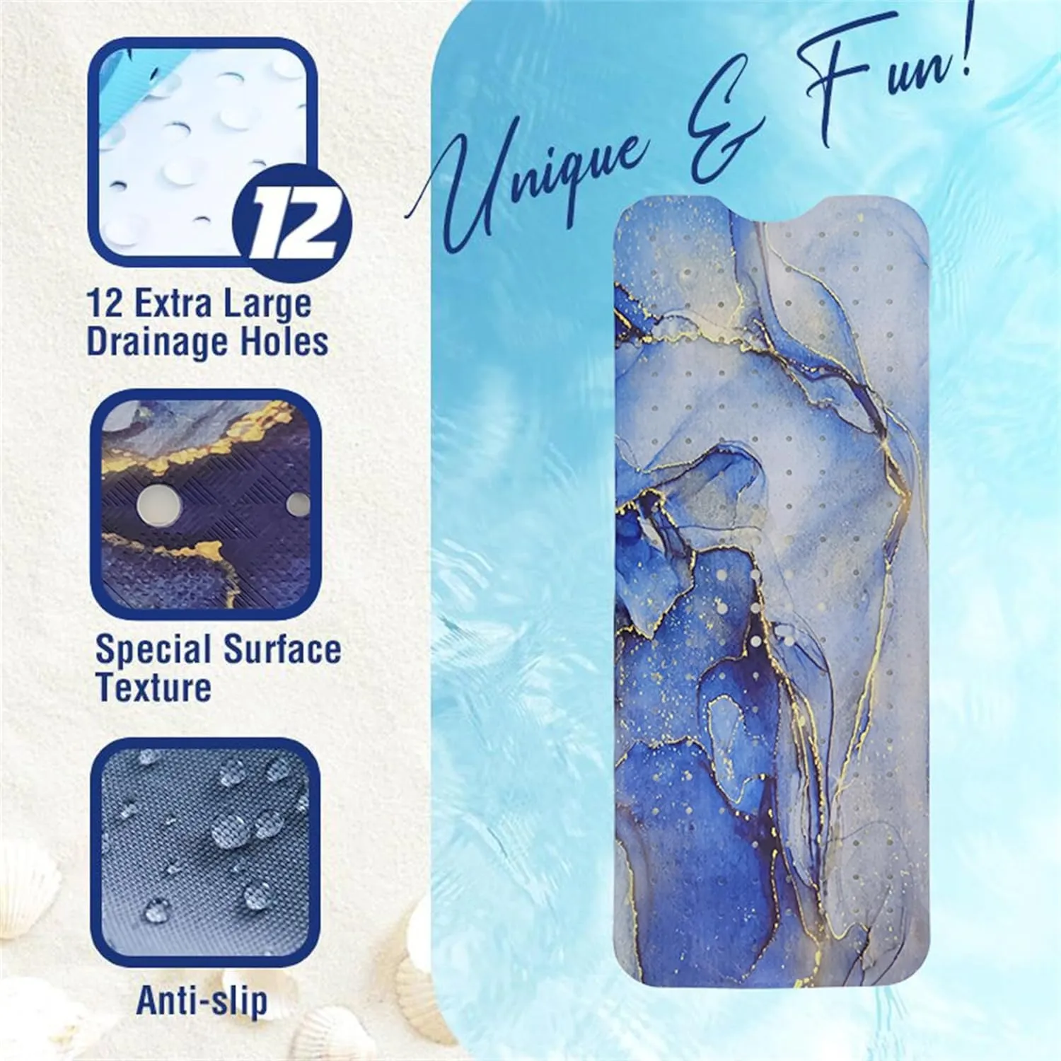 Blue Bathtub Mat Non Slip Marble Gold Line Extra Long Bath Mat for Tub Abstract Art Anti Slip Shower Mat for Bathroom with Large Drain Holes and Suction Cups Quality Bath Mats and Bathtub Decor 40x16