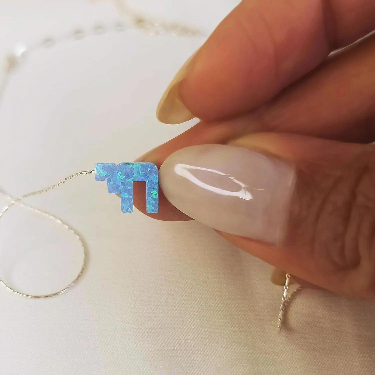 Blue Opal Chai Necklace for Women - Designer Handmade Jewish Jewelry Protection Necklace From Israel- 16 inch   2 inch extending chain (Sky Blue, Sterling Silver)