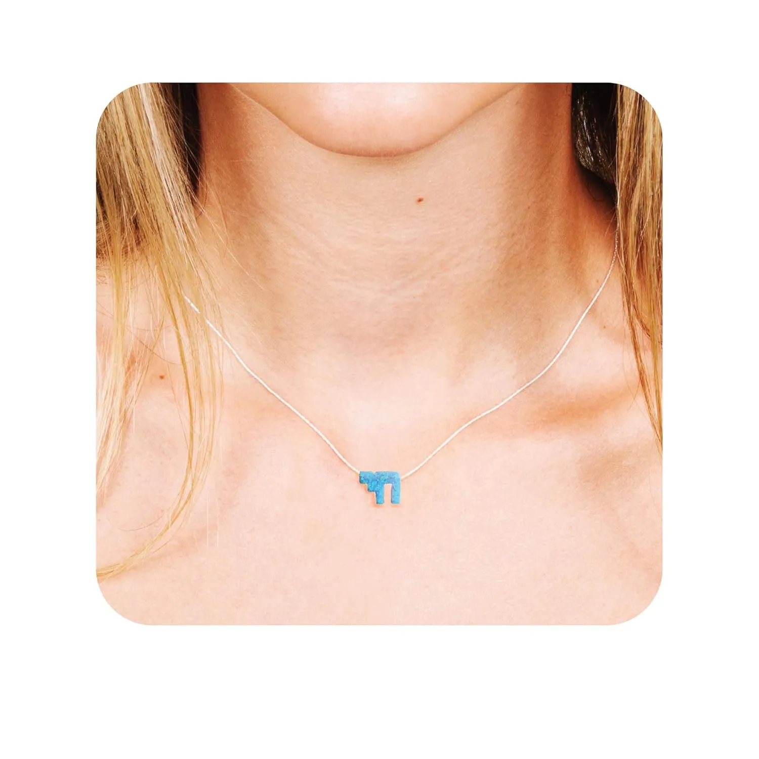Blue Opal Chai Necklace for Women - Designer Handmade Jewish Jewelry Protection Necklace From Israel- 16 inch   2 inch extending chain (Sky Blue, Sterling Silver)