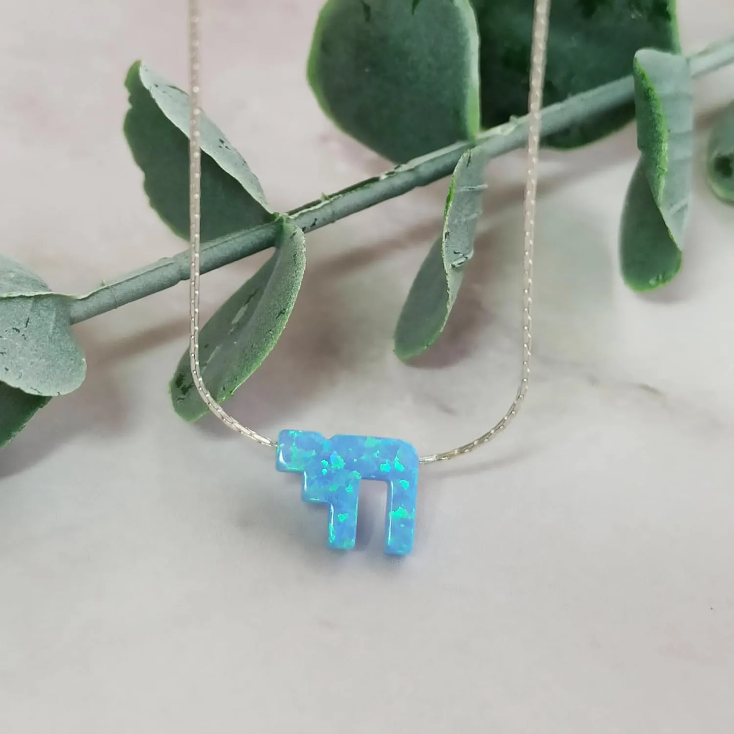 Blue Opal Chai Necklace for Women - Designer Handmade Jewish Jewelry Protection Necklace From Israel- 16 inch   2 inch extending chain (Sky Blue, Sterling Silver)