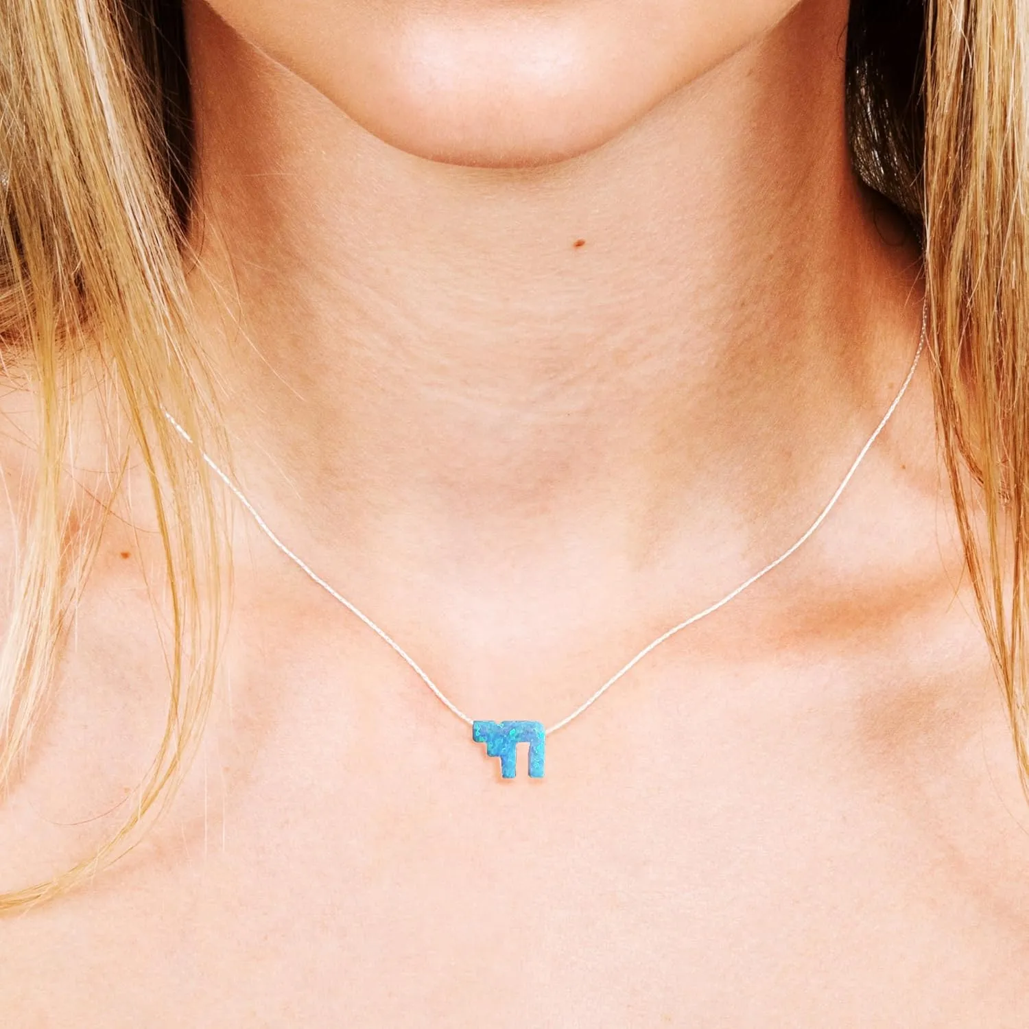 Blue Opal Chai Necklace for Women - Designer Handmade Jewish Jewelry Protection Necklace From Israel- 16 inch   2 inch extending chain (Sky Blue, Sterling Silver)