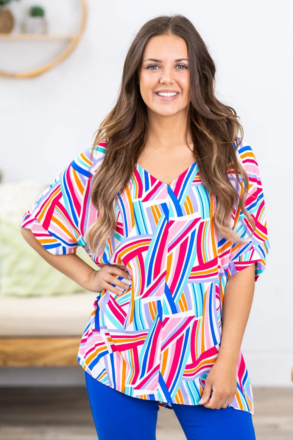 Blush and Blue Multicolor Abstract Print Top