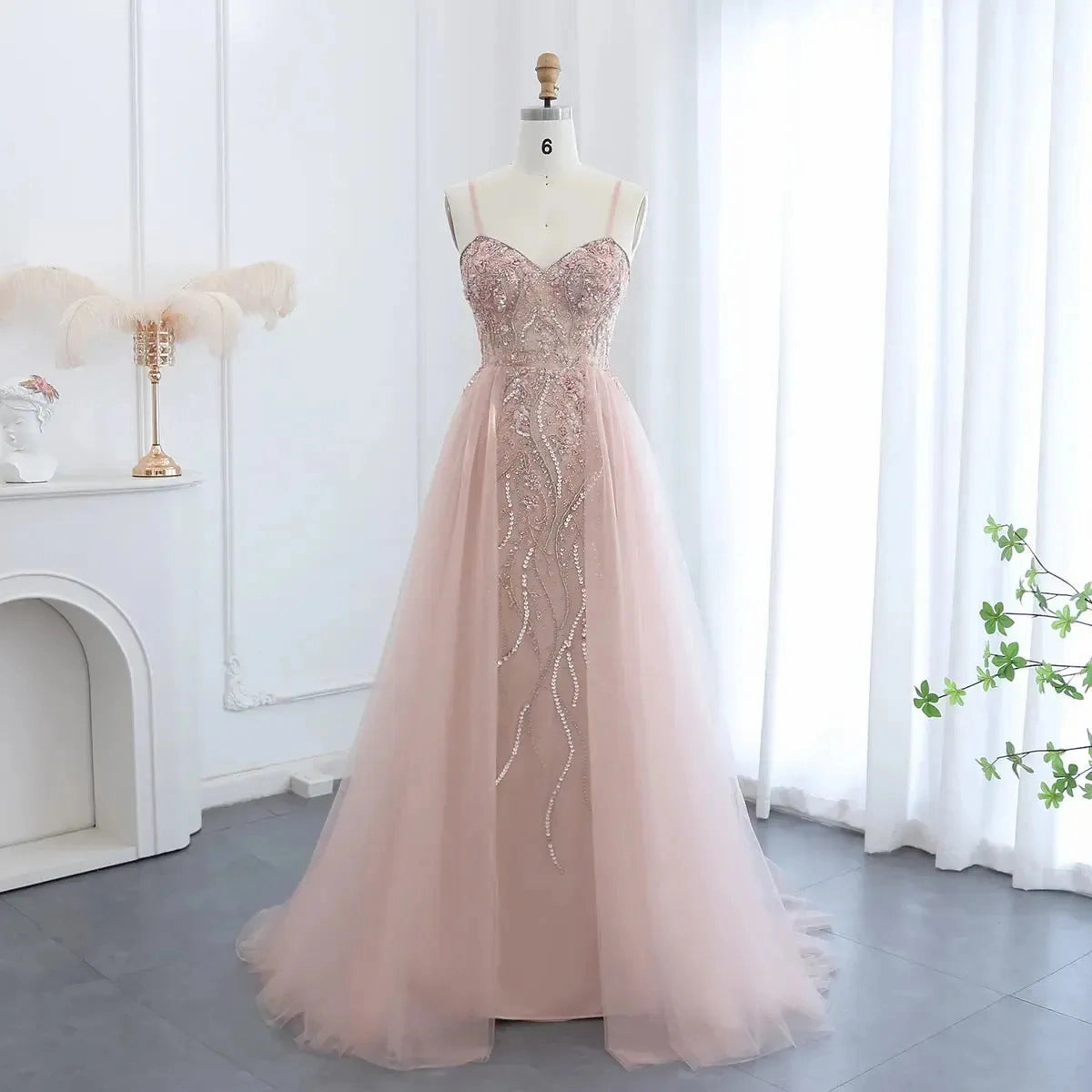 Blush Pink Dubai Evening Dresses with Overskirt Spaghetti Straps SS266