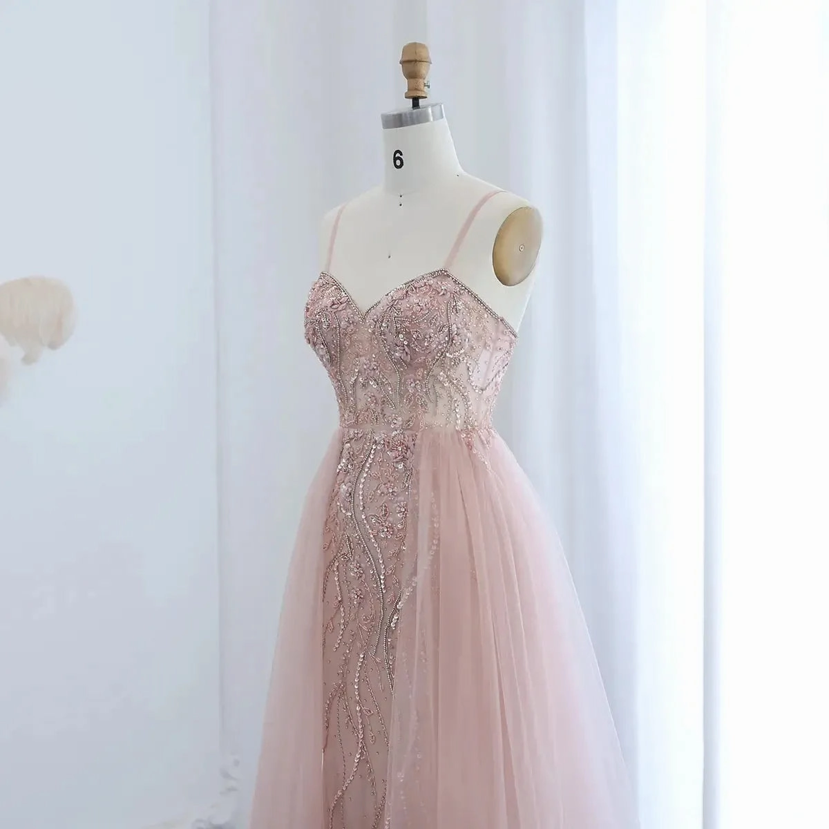 Blush Pink Dubai Evening Dresses with Overskirt Spaghetti Straps SS266