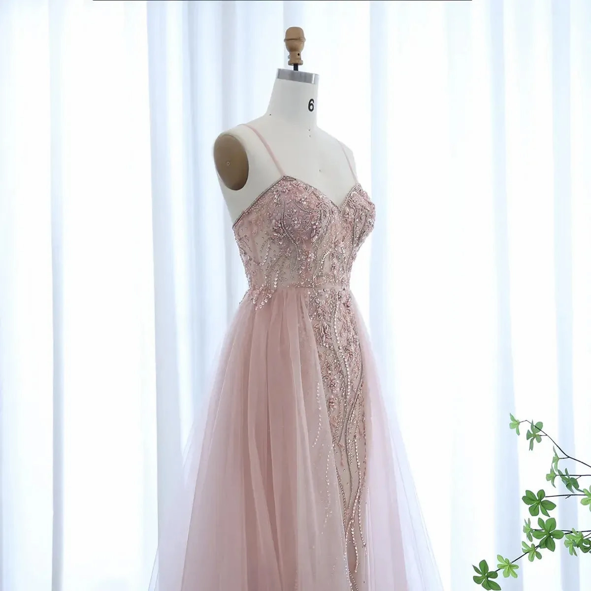 Blush Pink Dubai Evening Dresses with Overskirt Spaghetti Straps SS266