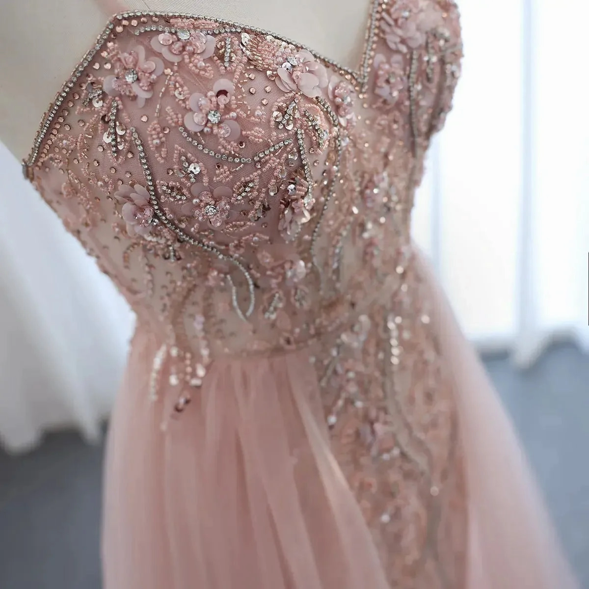 Blush Pink Dubai Evening Dresses with Overskirt Spaghetti Straps SS266