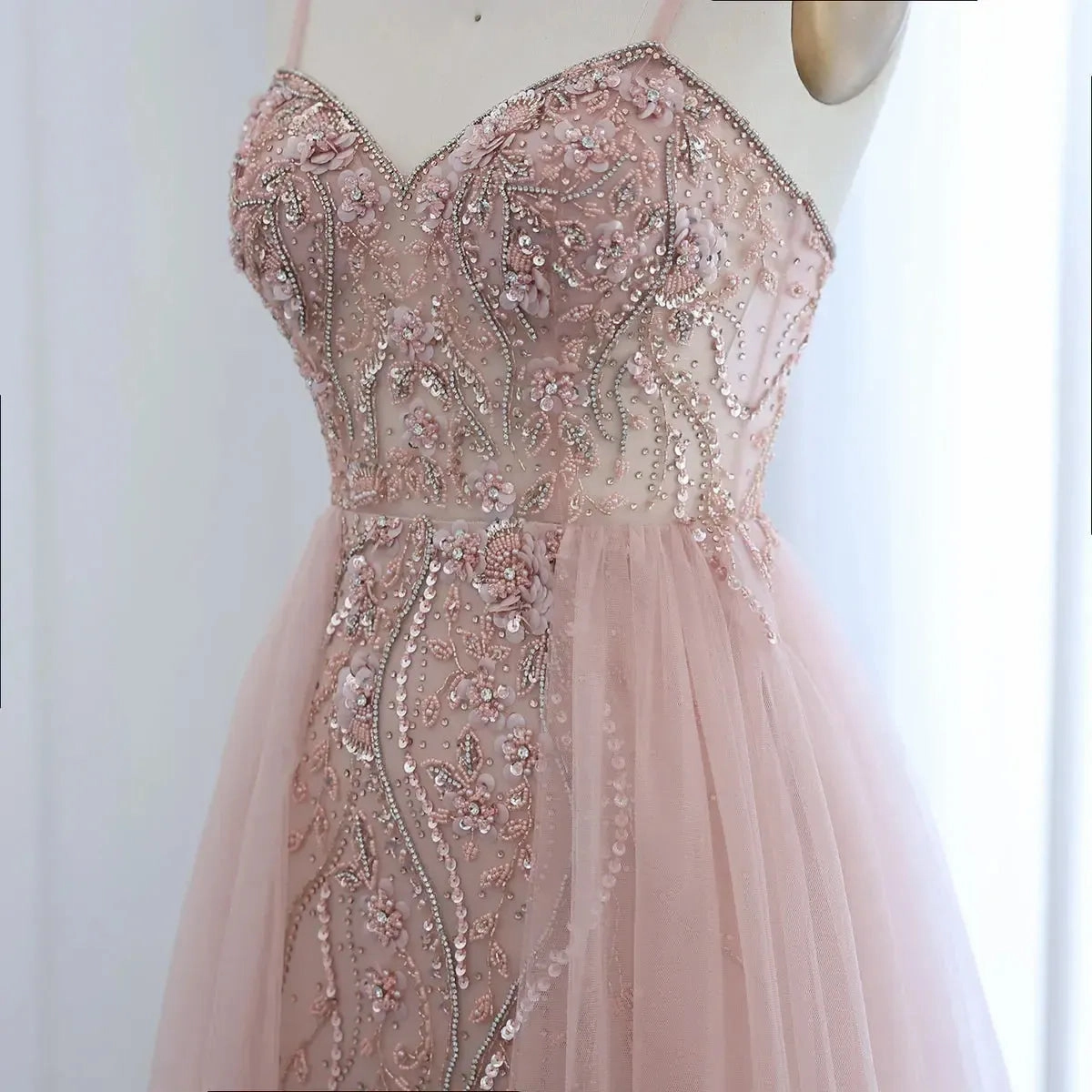 Blush Pink Dubai Evening Dresses with Overskirt Spaghetti Straps SS266