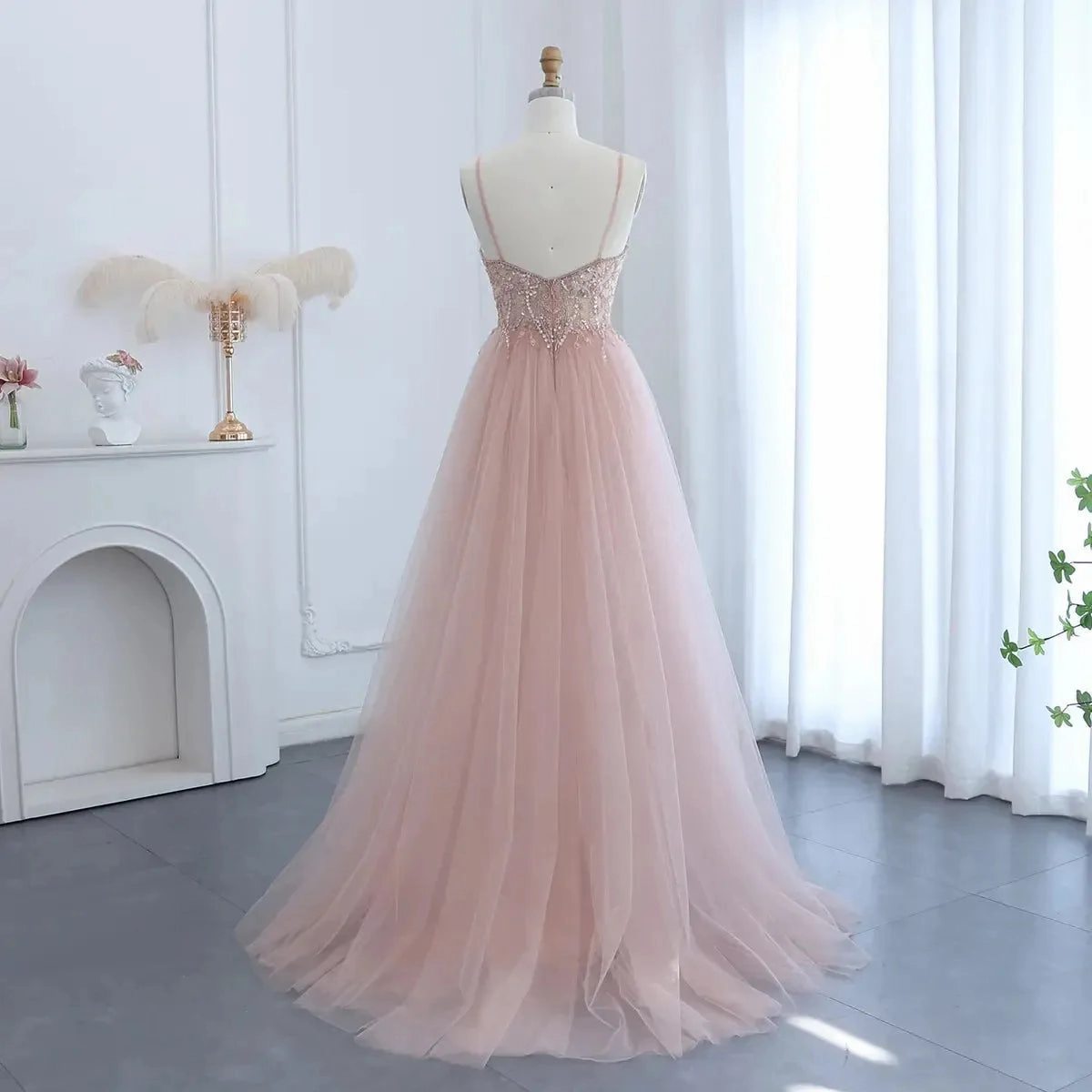 Blush Pink Dubai Evening Dresses with Overskirt Spaghetti Straps SS266