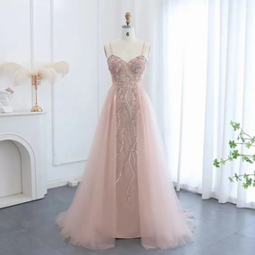 Blush Pink Dubai Evening Dresses with Overskirt Spaghetti Straps SS266