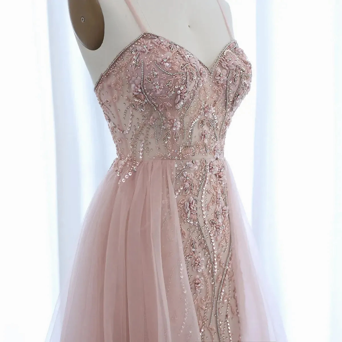 Blush Pink Dubai Evening Dresses with Overskirt Spaghetti Straps SS266
