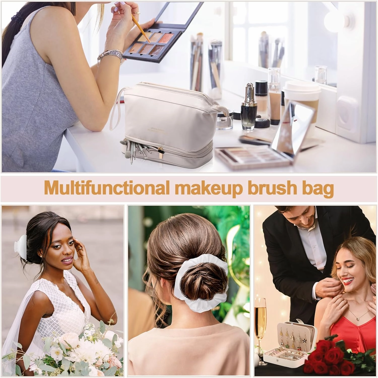 Bride Wedding Makeup Bag Large Double Layers Cosmetic Bag Travel Jewelry Box Claw Hair Clip Bridal Hair Tie for Women Bridal Shower Gift Engagement Present (White,Mrs)