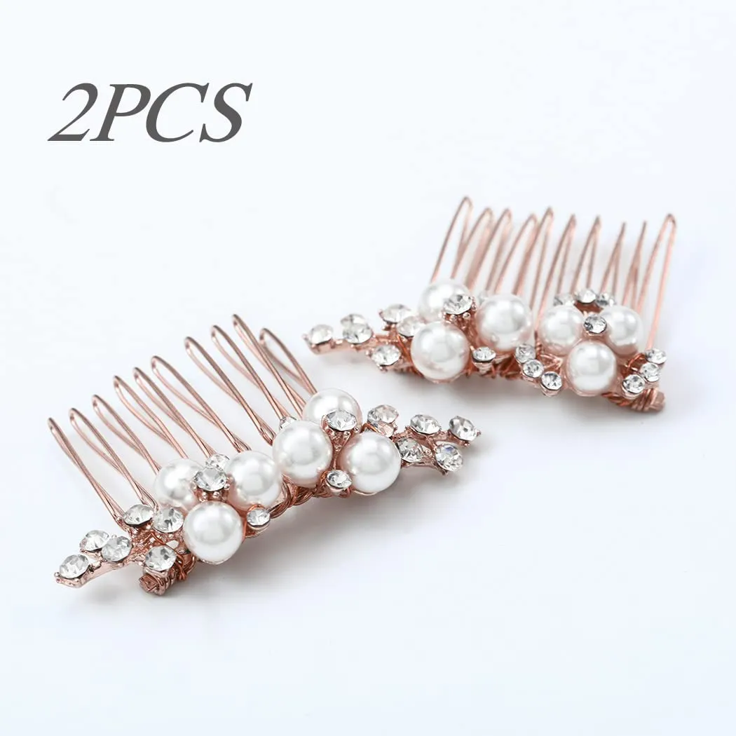 Brishow Pearl Bridal Hair Comb Rose Gold Rhinestone Wedding Hair Accessories Crystal Hair Piece for Women and Girls (Pack of 2)