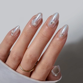 BTArtbox Press On Nails Short - Pearl Accents Chrome Almond Press On Nails with Glue for Women, Opaque Soft Gel Glue On Nails in 16 Sizes - 32 Stick On Nails Kit, Tidal Pearl