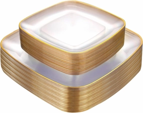 bUCLA 50PCS Clear Plastic Plates with Gold Trim - Heavy Duty Clear Gold Square Plates Disposable - Include 25 Each (Dinner & Dessert) for Party & Wedding