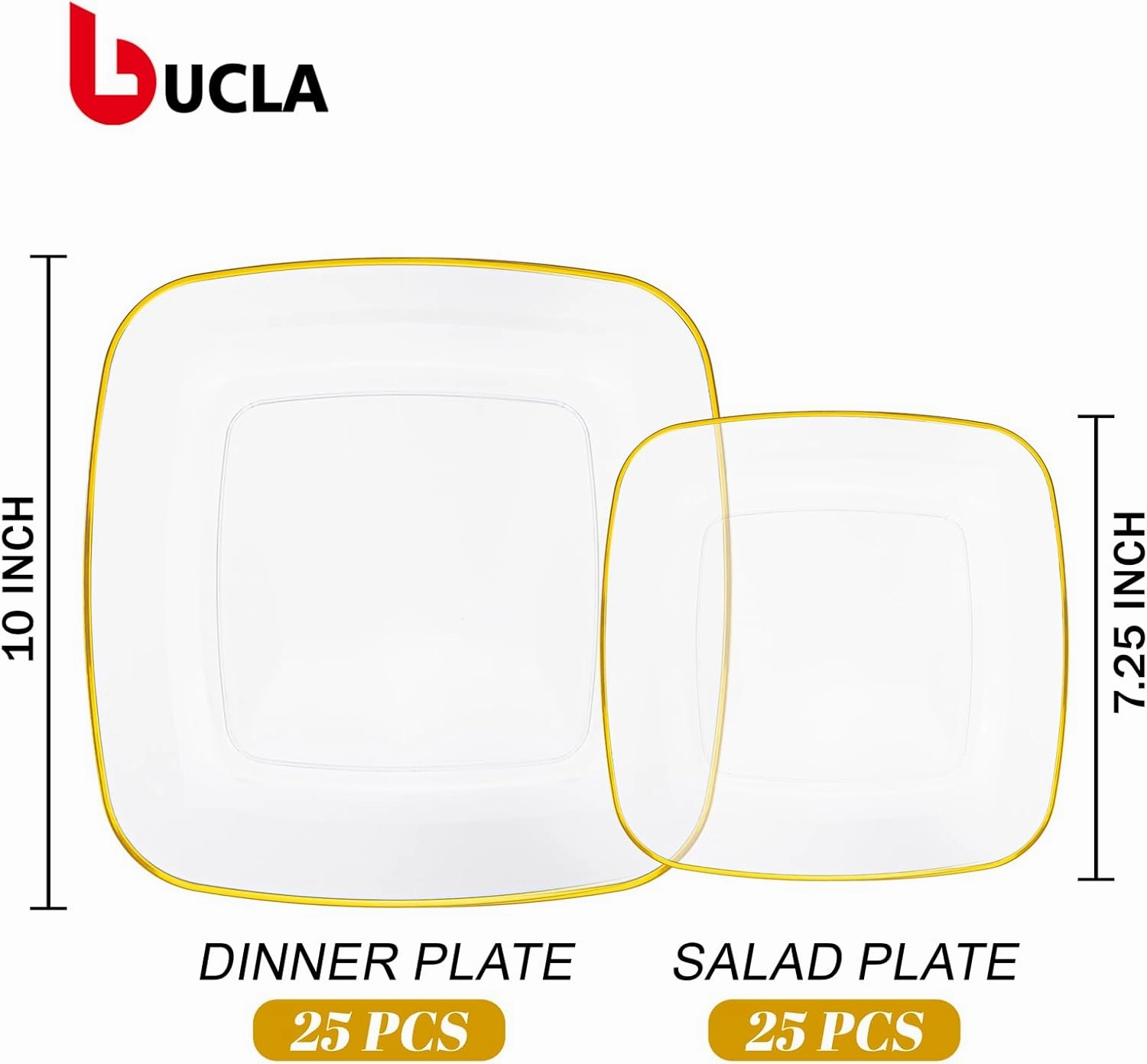 bUCLA 50PCS Clear Plastic Plates with Gold Trim - Heavy Duty Clear Gold Square Plates Disposable - Include 25 Each (Dinner & Dessert) for Party & Wedding