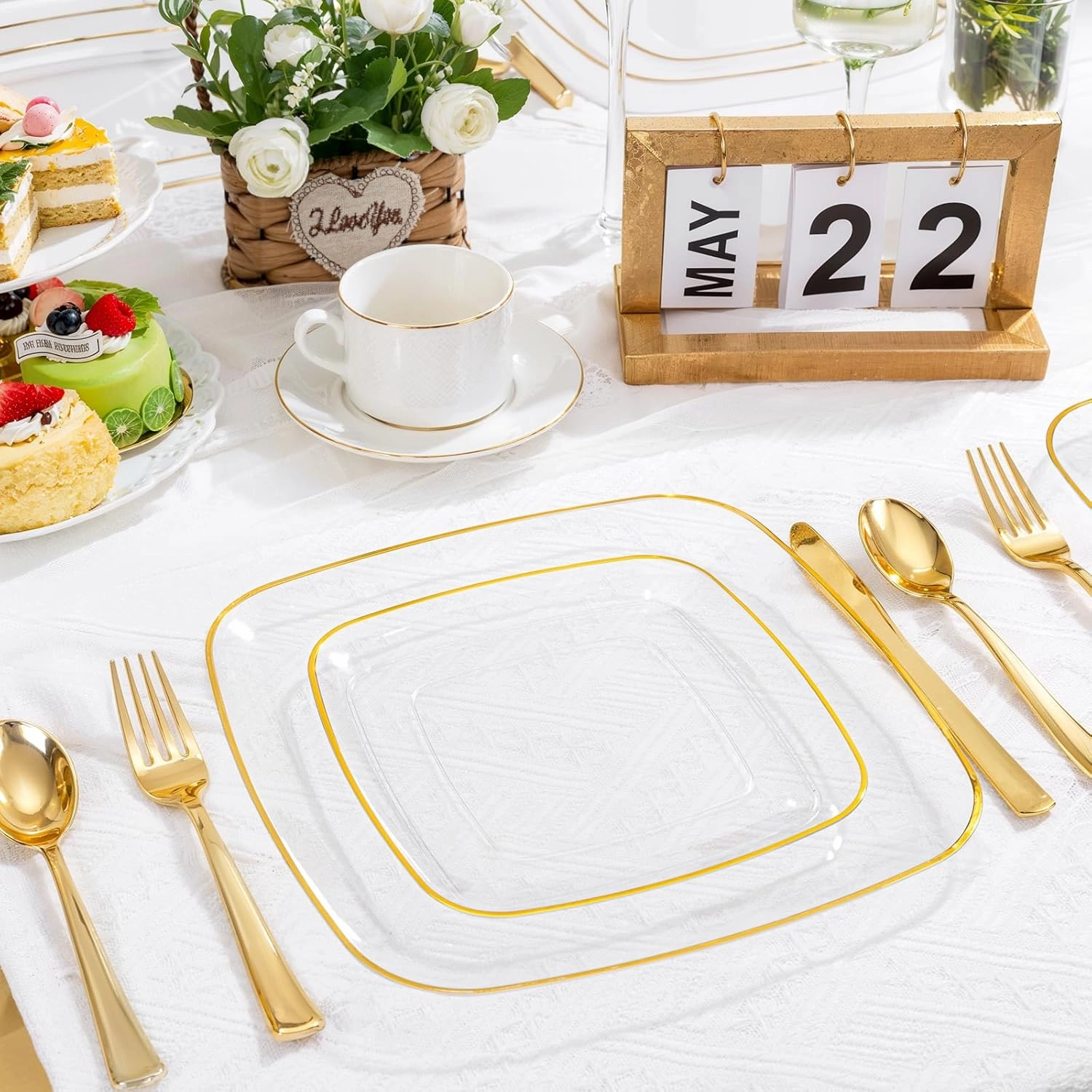 bUCLA 50PCS Clear Plastic Plates with Gold Trim - Heavy Duty Clear Gold Square Plates Disposable - Include 25 Each (Dinner & Dessert) for Party & Wedding