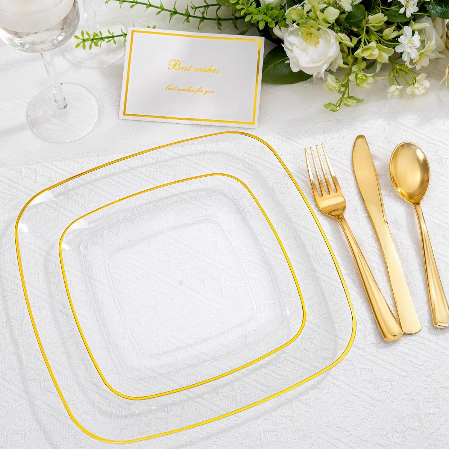 bUCLA 50PCS Clear Plastic Plates with Gold Trim - Heavy Duty Clear Gold Square Plates Disposable - Include 25 Each (Dinner & Dessert) for Party & Wedding