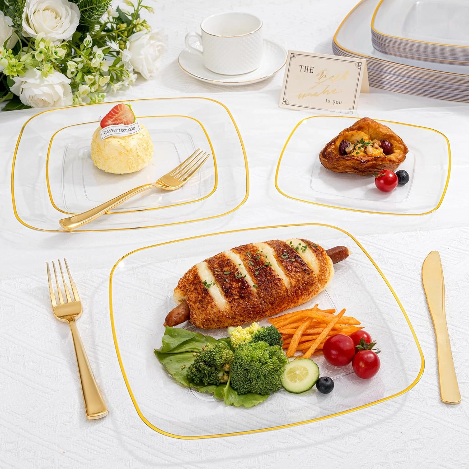 bUCLA 50PCS Clear Plastic Plates with Gold Trim - Heavy Duty Clear Gold Square Plates Disposable - Include 25 Each (Dinner & Dessert) for Party & Wedding
