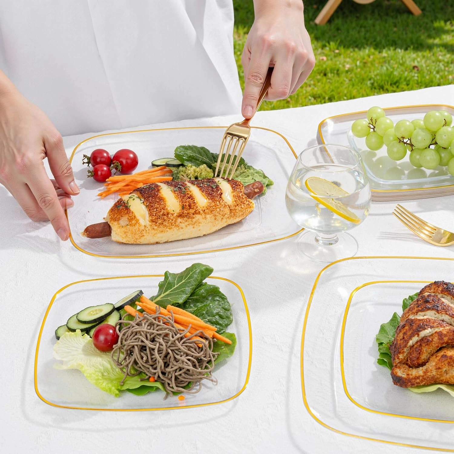 bUCLA 50PCS Clear Plastic Plates with Gold Trim - Heavy Duty Clear Gold Square Plates Disposable - Include 25 Each (Dinner & Dessert) for Party & Wedding