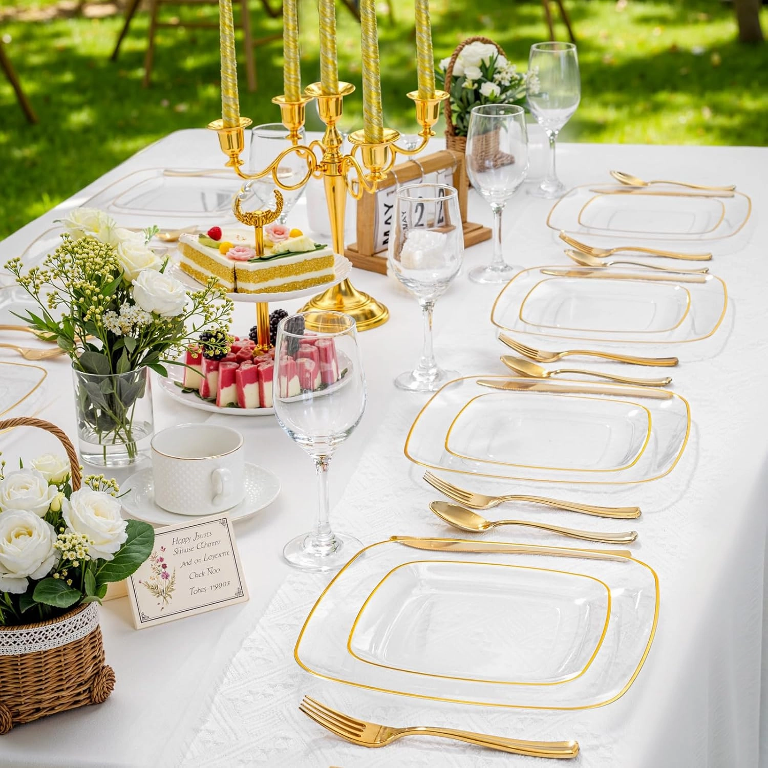 bUCLA 50PCS Clear Plastic Plates with Gold Trim - Heavy Duty Clear Gold Square Plates Disposable - Include 25 Each (Dinner & Dessert) for Party & Wedding