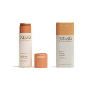 Bundle of ATTITUDE Oceanly Lightweight Highlighter Stick, Titanium Dioxide-Free, EWG Verified, Plastic-Free, Vegan Makeup, Sunset Glow, 0.3 Oz   Lightweight Bronzer Stick, Golden, 0.3 Oz