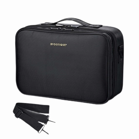 BYOOTIQUE Medium Travel Makeup Bag Portable with Shoulder Strap Adjustable Dividers for Backpack Train Cosmetic Case Brush Holder Organizer, Black