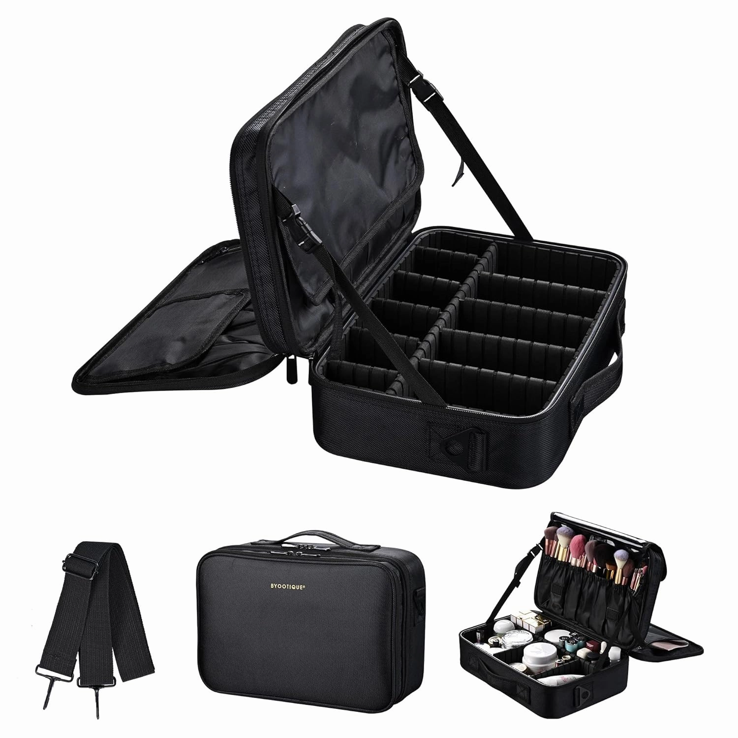 BYOOTIQUE Travel Makeup Bag Makeup Train Cases Professional Lipstick Organizer with Shoulder Strap Adjustable Dividers for Cosmetics Makeup Brushes Lipstick Toiletry Travel Accessories, Black