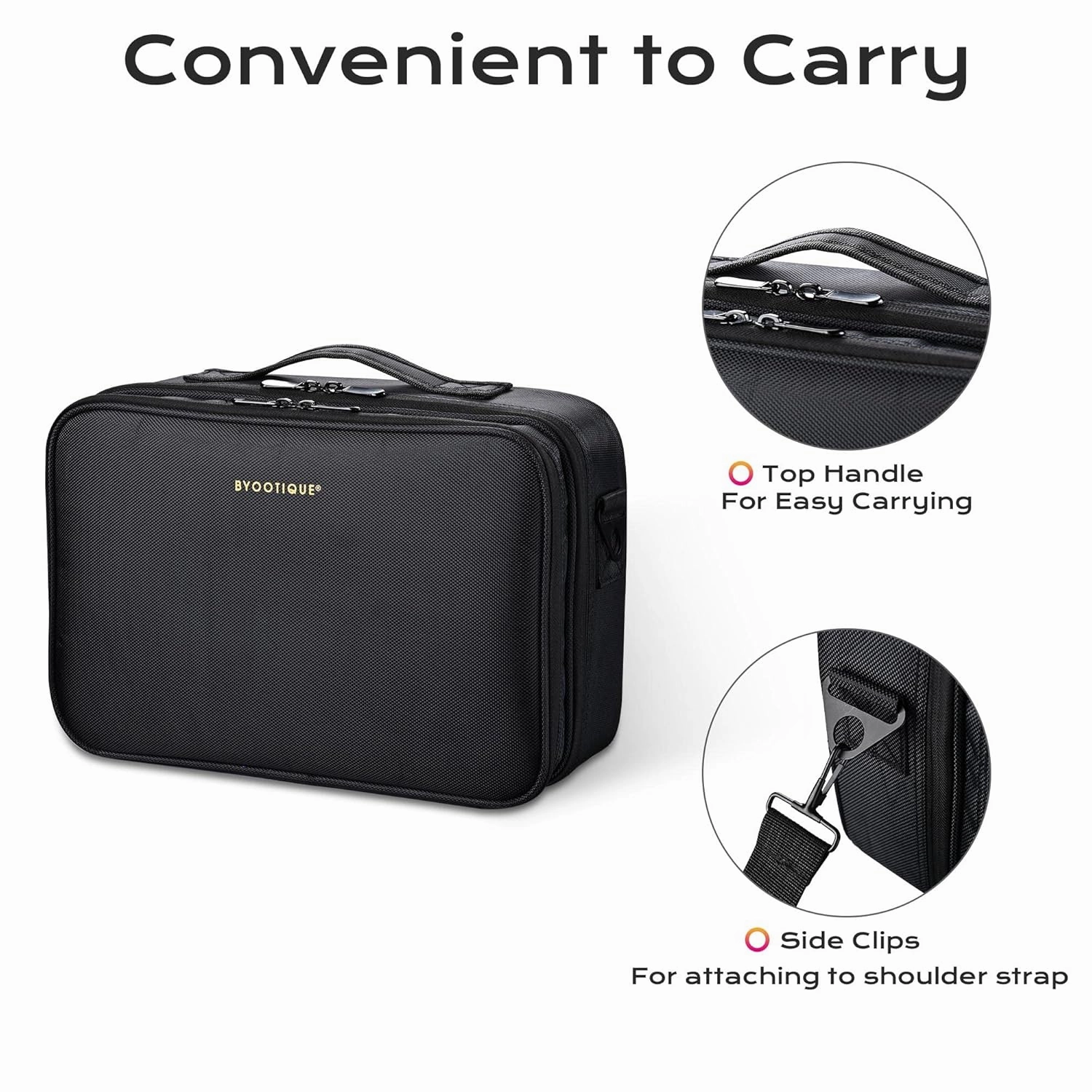 BYOOTIQUE Travel Makeup Bag Makeup Train Cases Professional Lipstick Organizer with Shoulder Strap Adjustable Dividers for Cosmetics Makeup Brushes Lipstick Toiletry Travel Accessories, Black