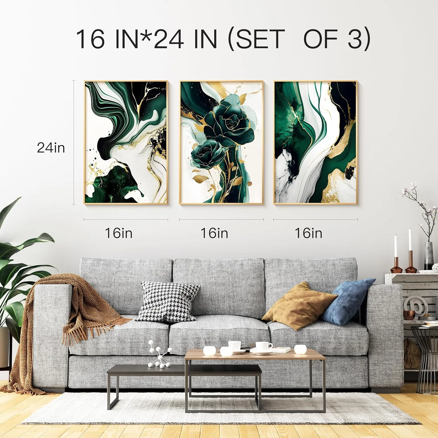 Bzstyleart 3Pcs Framed Emerald Green Wall Art, Modern Green and Gold Abstract Marble Canvas Wall Art Paintings Prints Posters Wall Decor Pictures for Living Room Bedroom Office Home Decoration, Ready to Hang,16x24 In