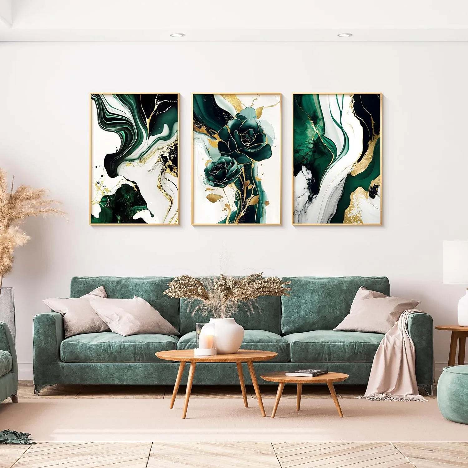 Bzstyleart 3Pcs Framed Emerald Green Wall Art, Modern Green and Gold Abstract Marble Canvas Wall Art Paintings Prints Posters Wall Decor Pictures for Living Room Bedroom Office Home Decoration, Ready to Hang,16x24 In
