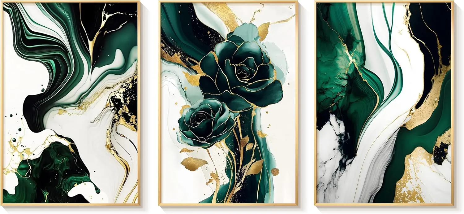 Bzstyleart 3Pcs Framed Emerald Green Wall Art, Modern Green and Gold Abstract Marble Canvas Wall Art Paintings Prints Posters Wall Decor Pictures for Living Room Bedroom Office Home Decoration, Ready to Hang,16x24 In