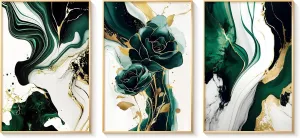 Bzstyleart 3Pcs Framed Emerald Green Wall Art, Modern Green and Gold Abstract Marble Canvas Wall Art Paintings Prints Posters Wall Decor Pictures for Living Room Bedroom Office Home Decoration, Ready to Hang,16x24 In