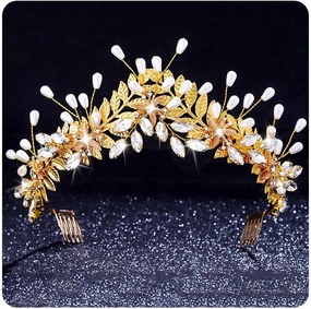 Campsis Flower Crown Pearl Wedding Headbang Gold Leaf Bride Heapiece for Women